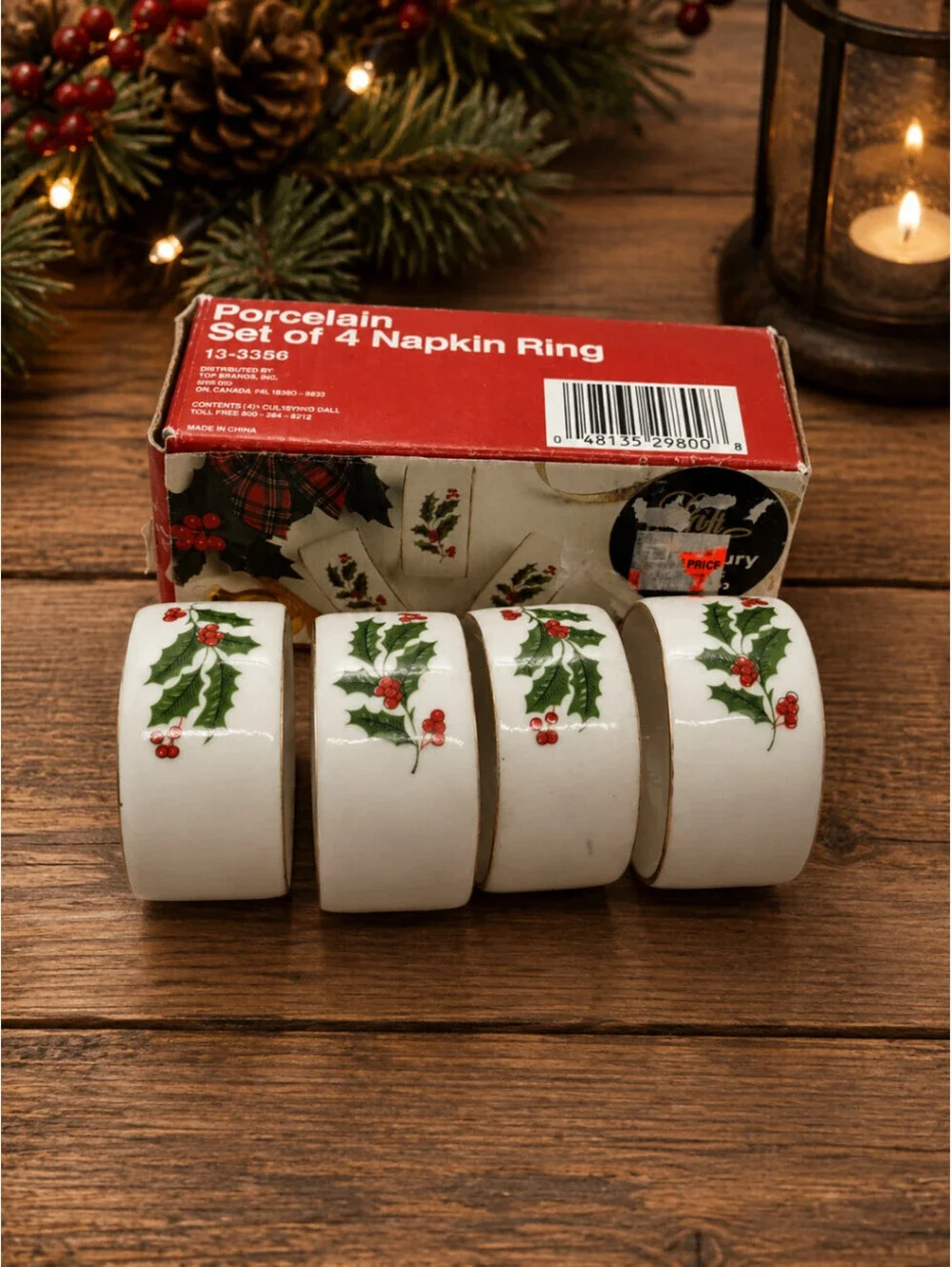 Vintage Porcelain Holly Berry Napkin Rings Set of 4 Christmas Holiday Dining